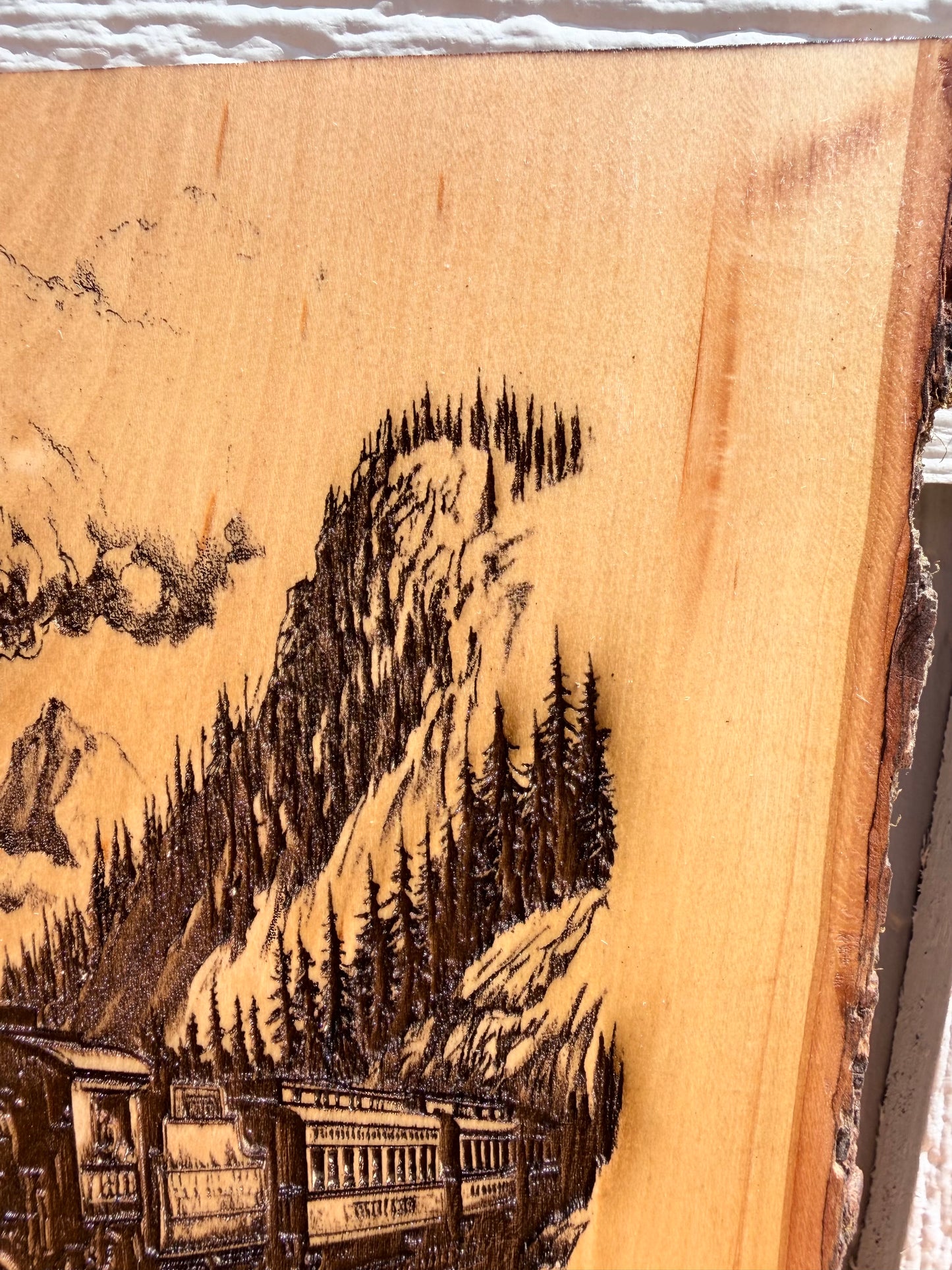 Plaque Live Edge Rectangular - Train on Trestle Bridge