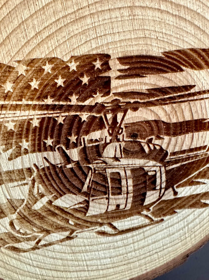 Engraved Live Edge Wooden Round Ornament - Huey Helicopter with Flag