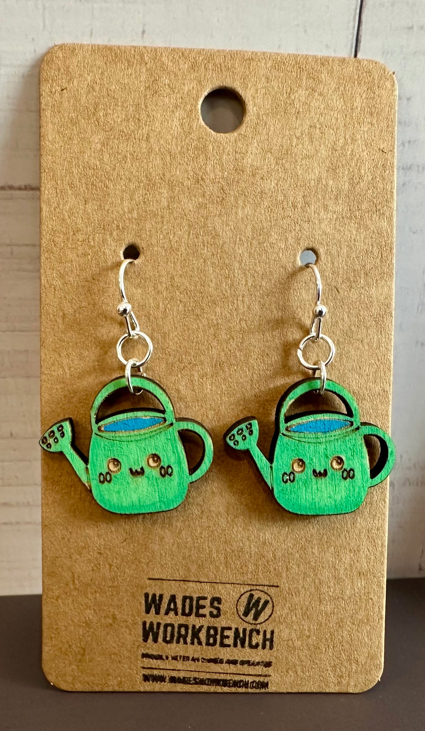 Wooden Engraved Dangle Earrings - Watering Can (One Pair)