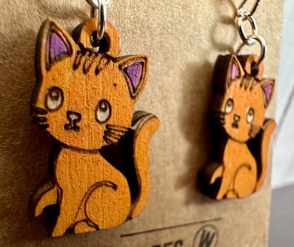 Wooden Engraved Dangle Earrings - Orange Cat