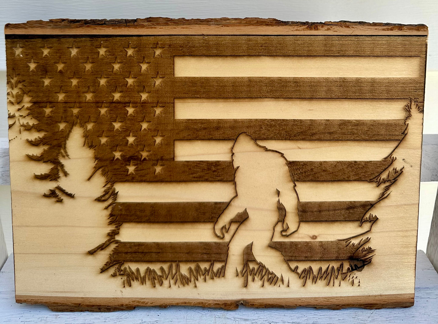 Sasquatch Bigfoot with Trees and Flag Live Edge Rectangular Plaque
