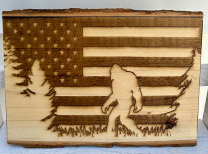Sasquatch Bigfoot with Trees and Flag Live Edge Rectangular Plaque