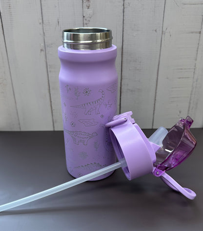 16oz. Insulated Water Bottle with Straw Lid and Built in Lid Handle - Purple with Dinosaurs