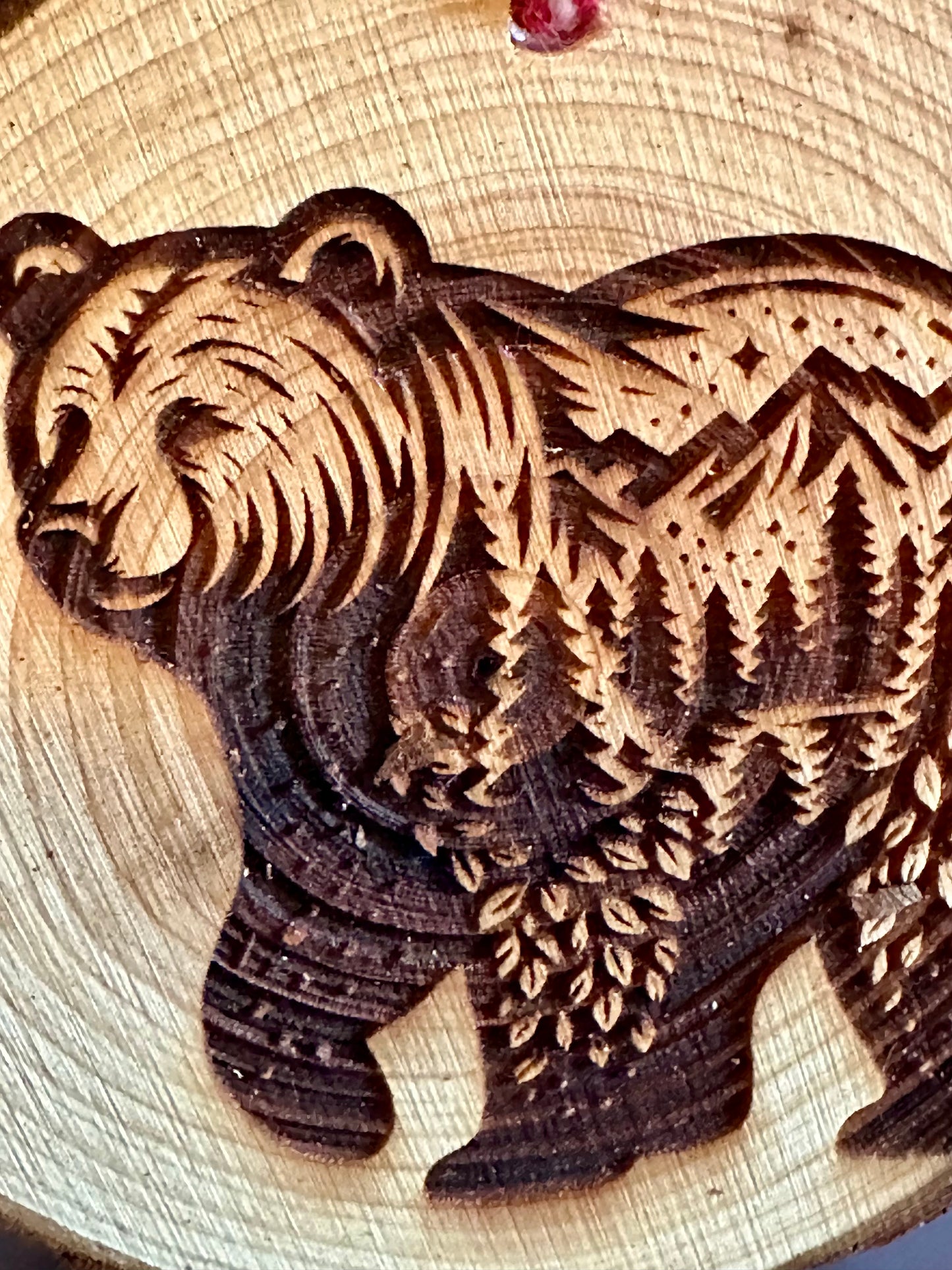 Engraved Live Edge Wooden Round Ornament - Bear with Inner Wilderness Scene