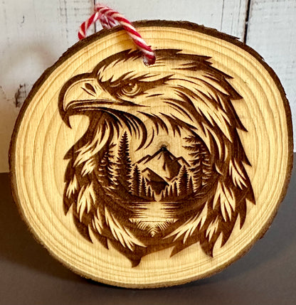 Engraved Live Edge Wooden Round Ornament - Eagle with Inner Wilderness Scene