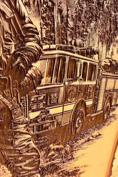 Plaque Live Edge Rectangular - Fireman with Firetruck