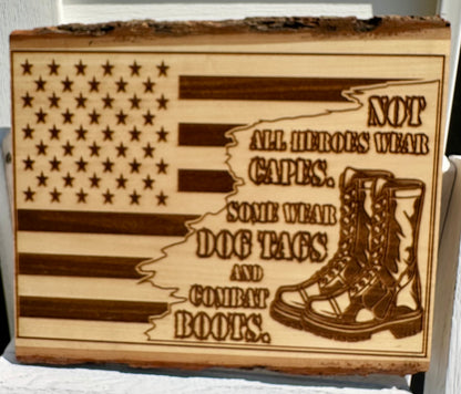 Military Heroes Wear Dog Tags and Combat Boots with Flag Live Edge Rectangular Plaque