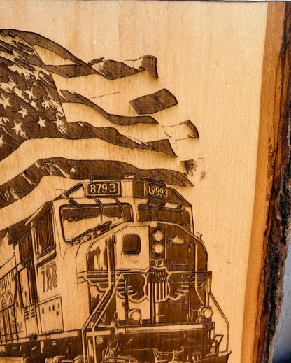 Plaque Live Edge Rectangular - Train 8793 with Flag and Desert Road