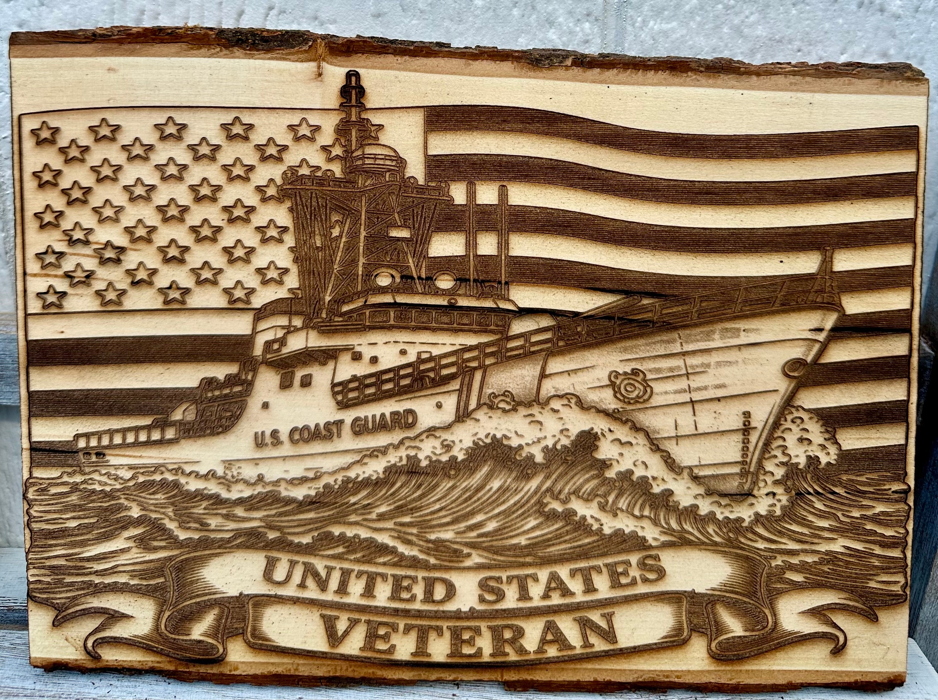 Military Veteran Coast Guard Cutter with Flag Live Edge Rectangular Pl ...