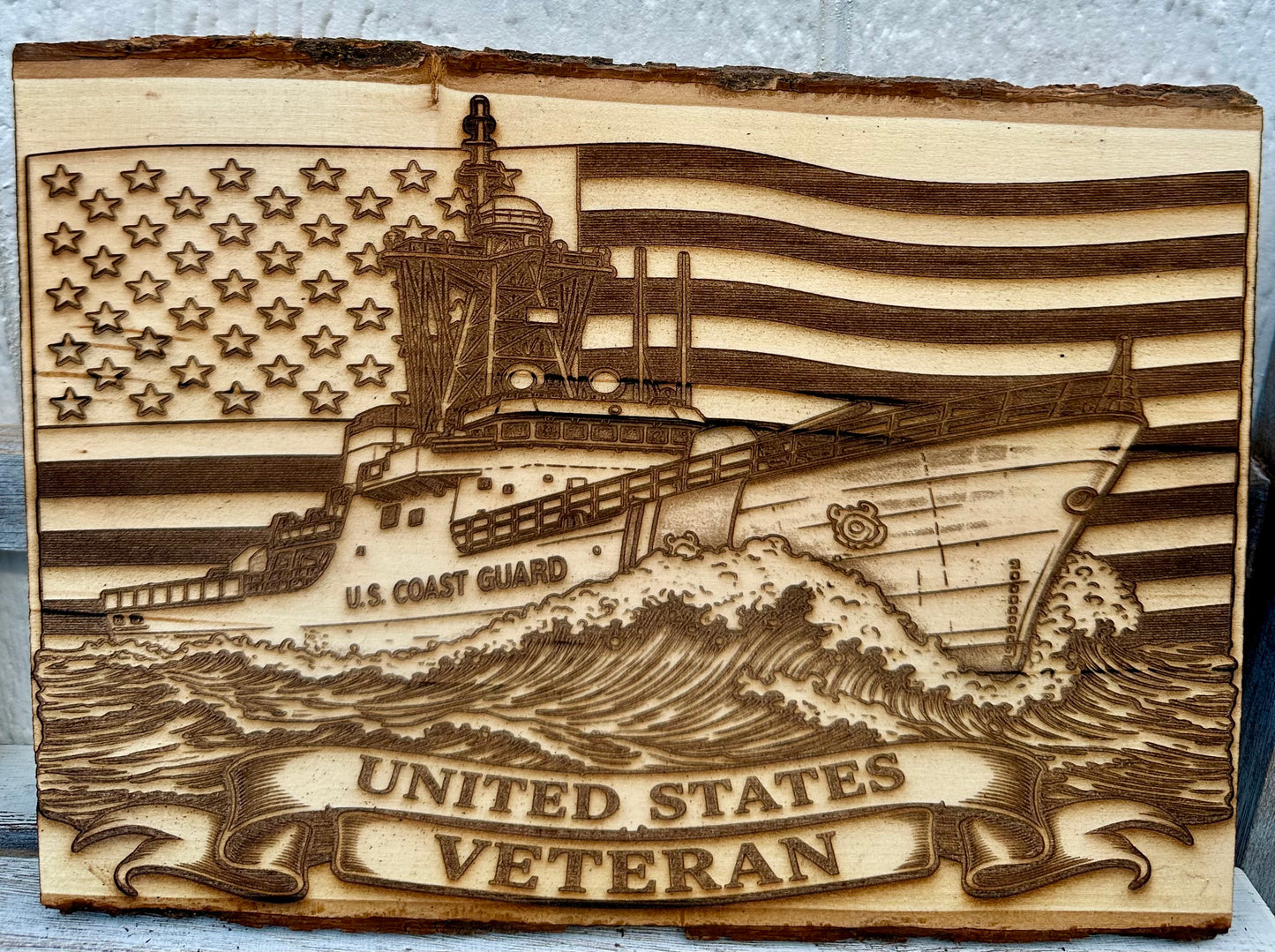 Military Veteran Coast Guard Cutter with Flag Live Edge Rectangular Plaque