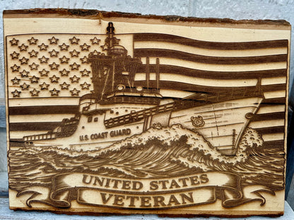Military Veteran Coast Guard Cutter with Flag Live Edge Rectangular Plaque