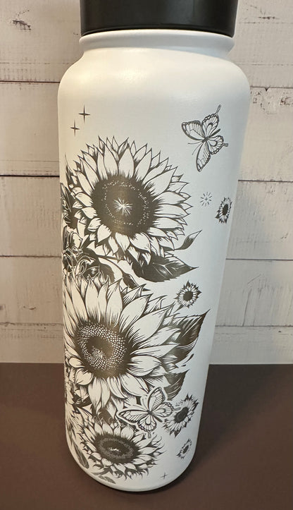 40oz. Insulated Water Bottle with Collapsible Straw Lid - White, Sunflowers
