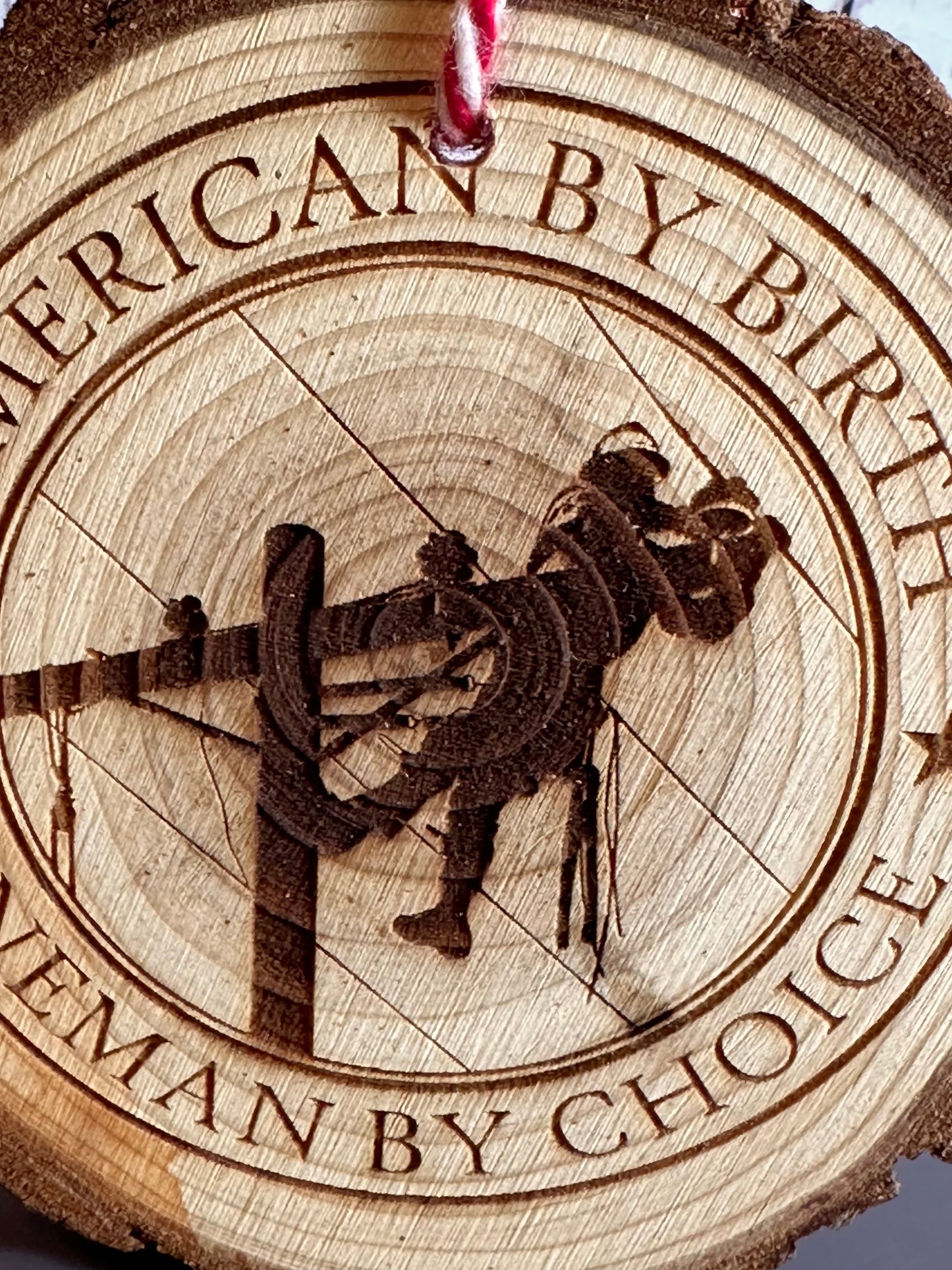 Engraved Live Edge Wooden Round Ornament - Lineman By Choice
