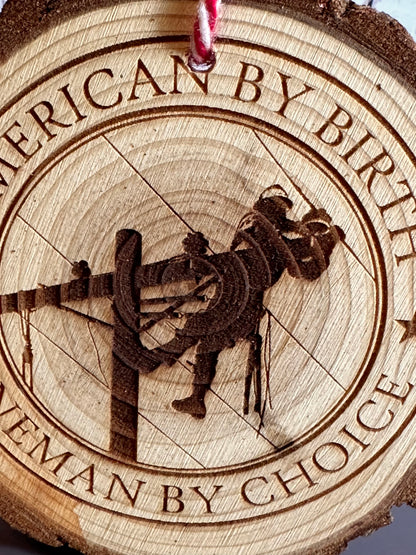 Engraved Live Edge Wooden Round Ornament - Lineman By Choice