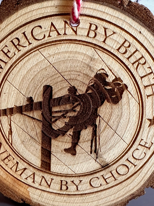 Engraved Live Edge Wooden Round Ornament - Lineman By Choice