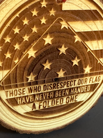 Engraved Live Edge Wooden Round Ornament - Folded Flag
