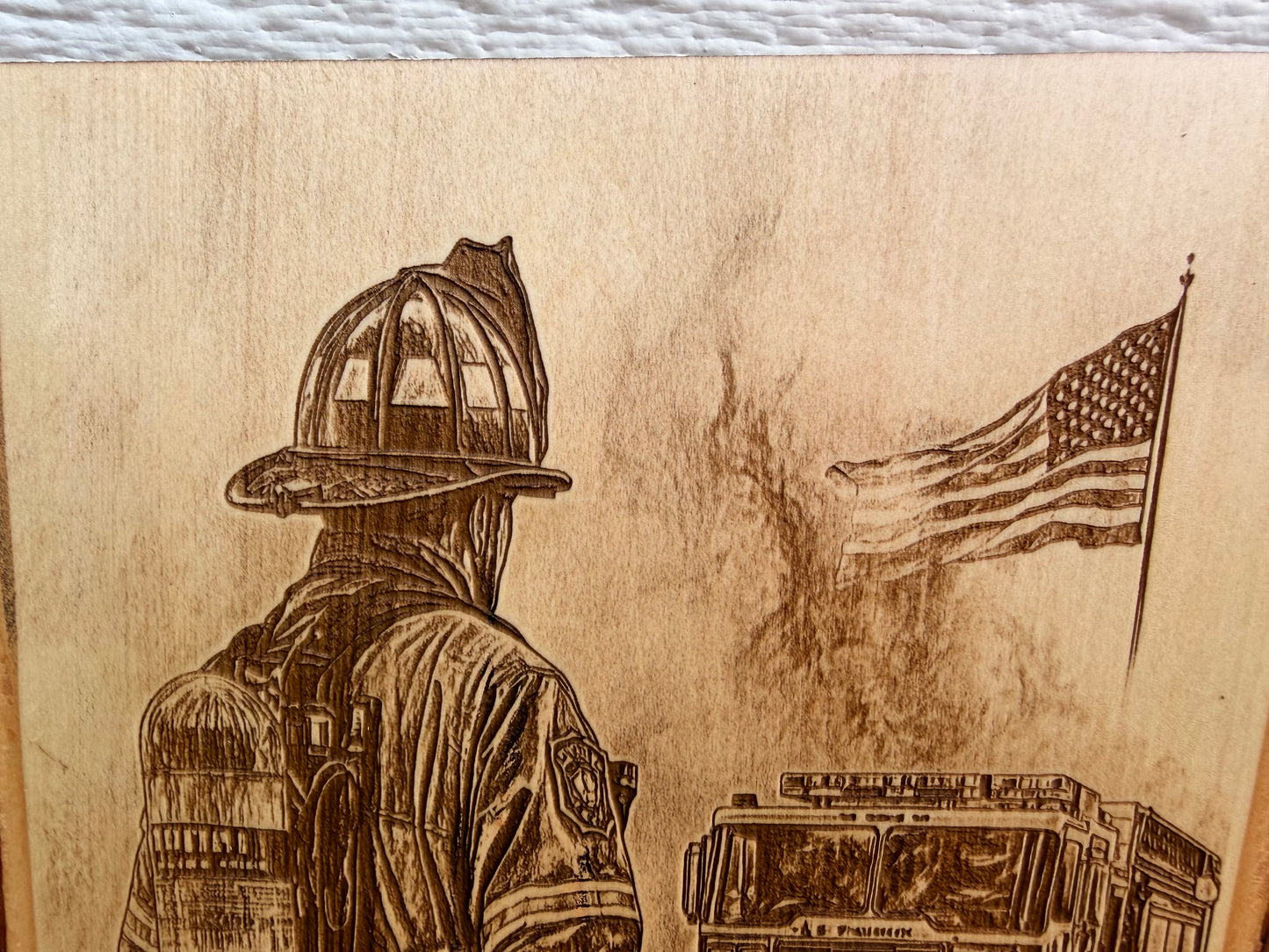 Plaque Live Edge Rectangular - Firefighter with Firetruck and Flag