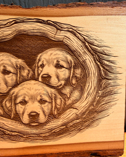 Plaque Live Edge Rectangular - Three Retriever Puppies