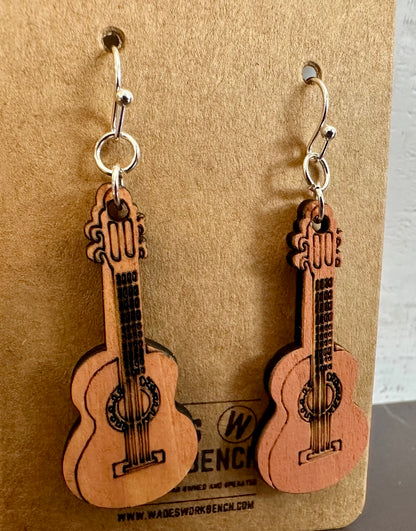 Wooden Engraved Dangle Earrings - Guitar
