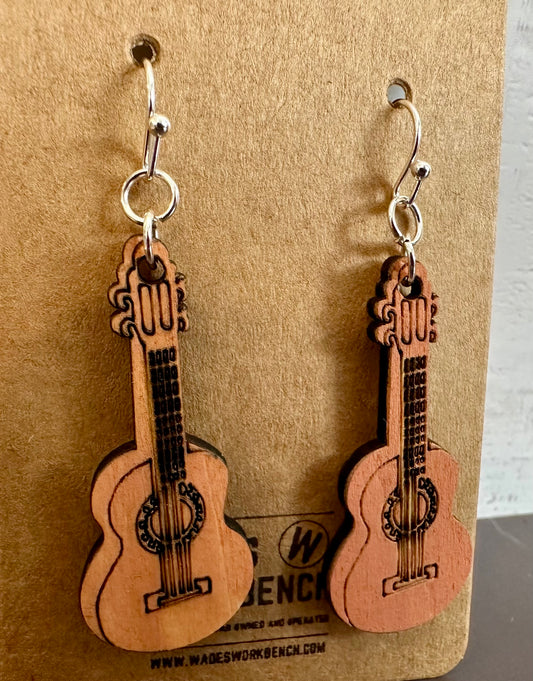 Wooden Engraved Dangle Earrings - Guitar
