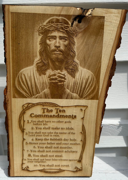 Jesus and Ten Commandments Live Edge Rectangular Plaque