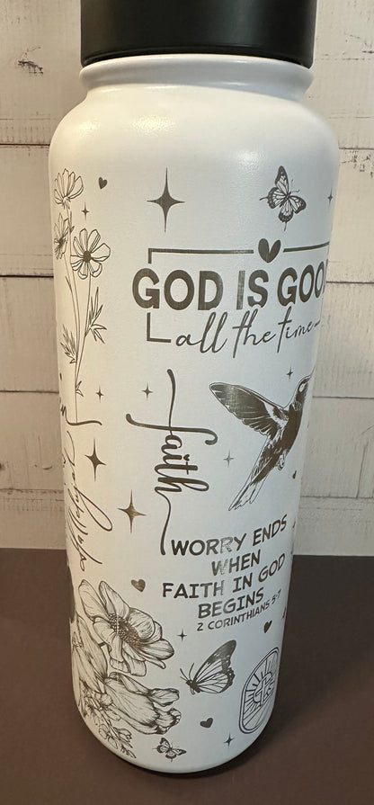 40oz. Insulated Water Bottle with Collapsible Straw Lid - White, Faith and God Collage