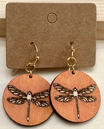Wooden Engraved Dangle Earrings - Dragonfly Rounds