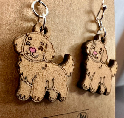 Wooden Engraved Dangle Earrings - Dog