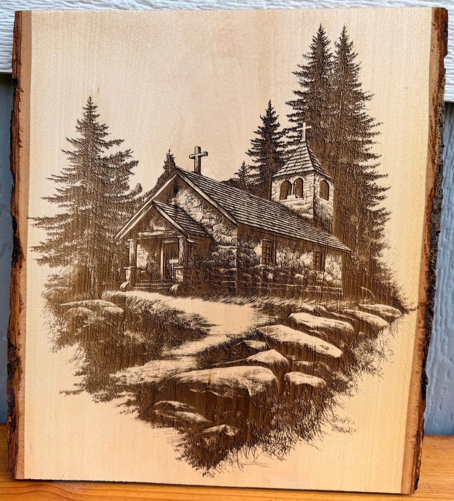Plaque Live Edge Rectangular - Wooded Church with Path