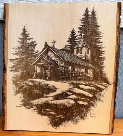Plaque Live Edge Rectangular - Wooded Church with Path