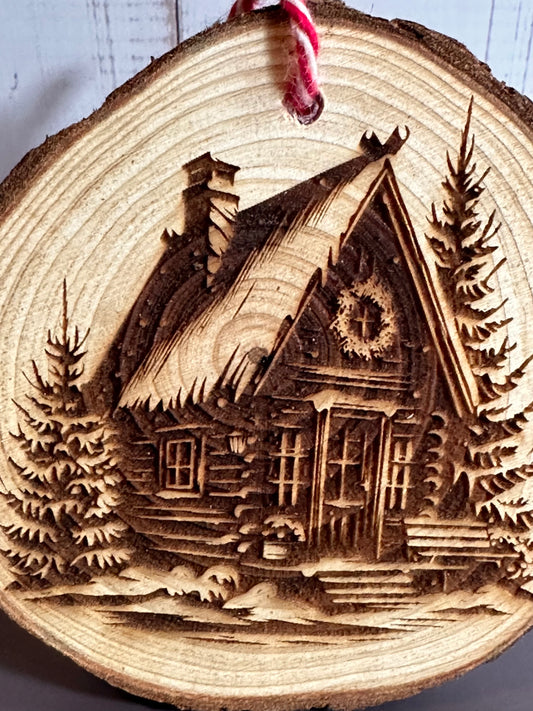 Engraved Live Edge Wooden Round Ornament - Winter Wilderness Cabin
