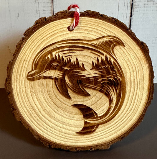 Engraved Live Edge Wooden Round Ornament - Dolphin with Inner Wilderness Scene