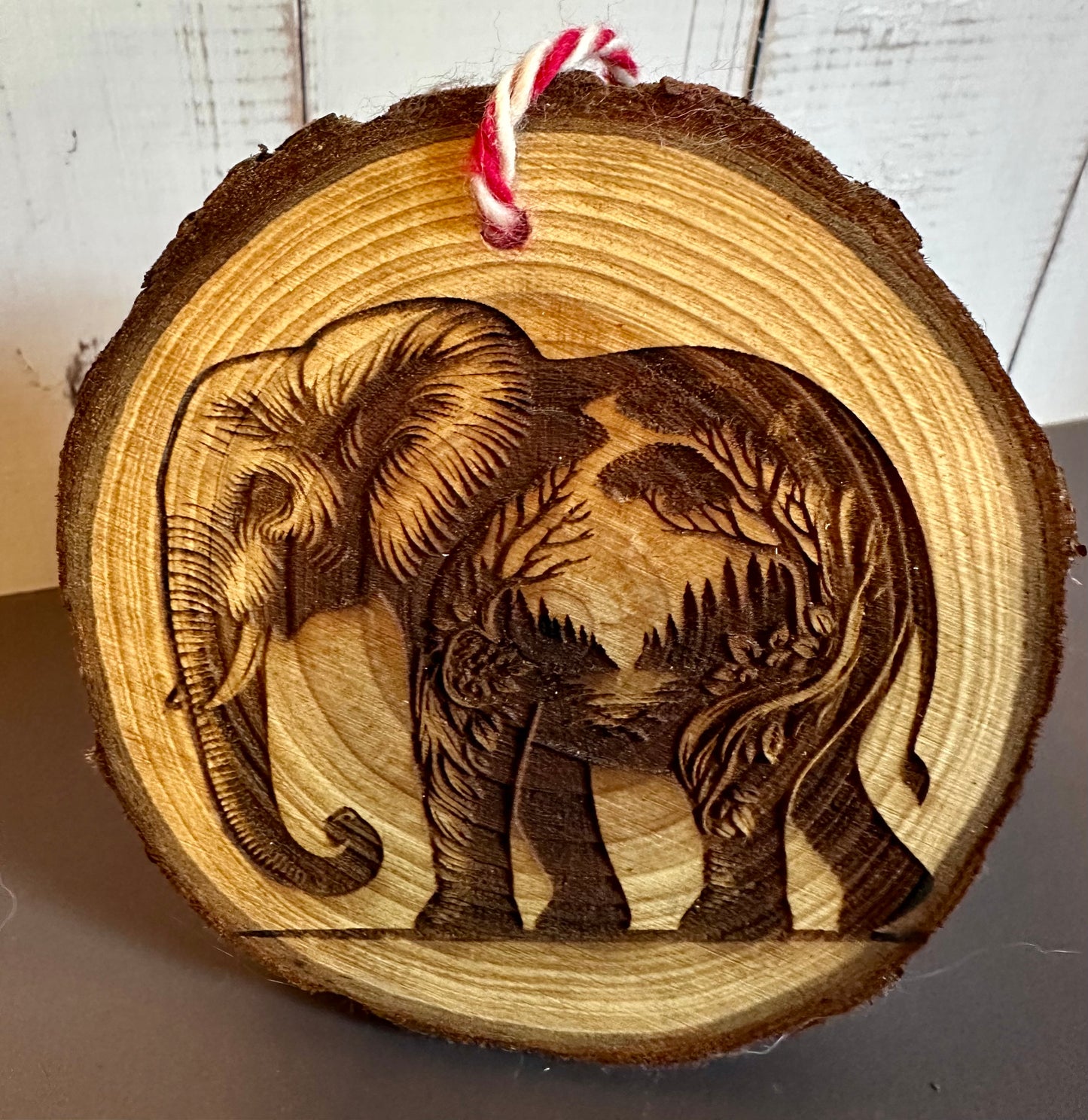 Engraved Live Edge Wooden Round Ornament - Elephant with Inner Wilderness Scene