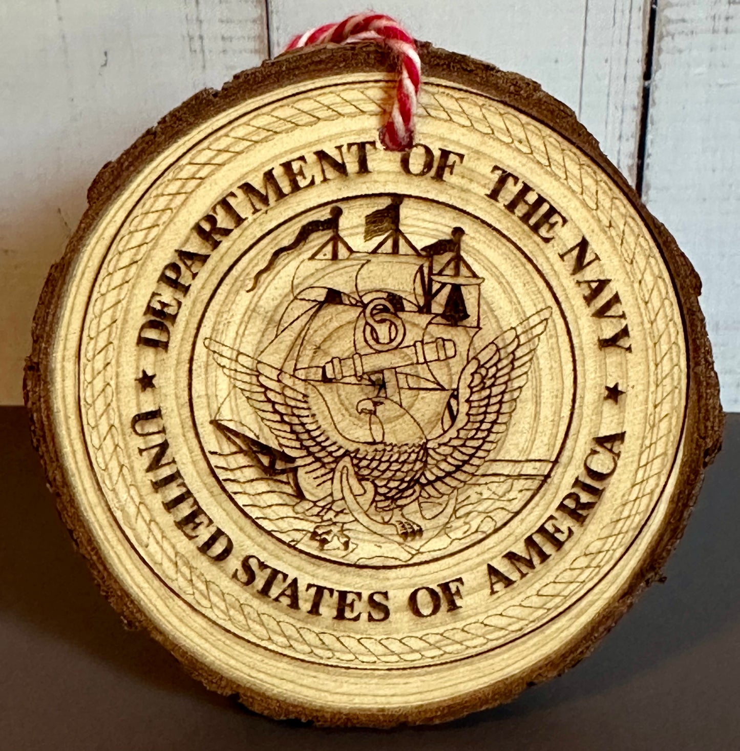 Engraved Live Edge Wooden Round Ornament - Navy Seal