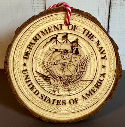 Engraved Live Edge Wooden Round Ornament - Navy Seal