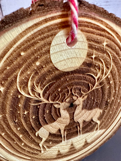 Engraved Live Edge Wooden Round Ornament - Two Reindeer in the Moonlight