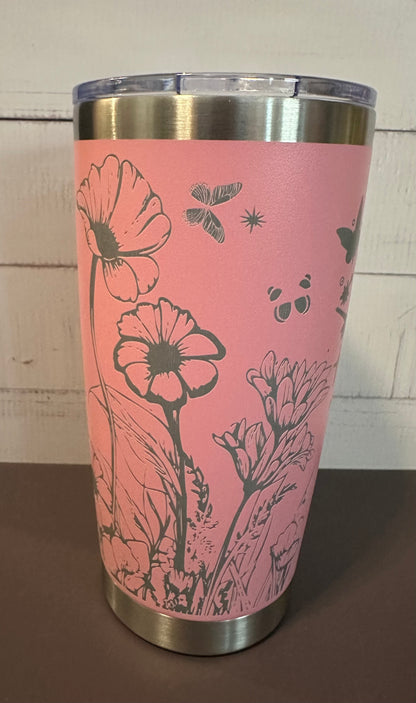 20oz. Insulated Travel Tumbler with Slide Lid - Pink with Fairy and Flowers