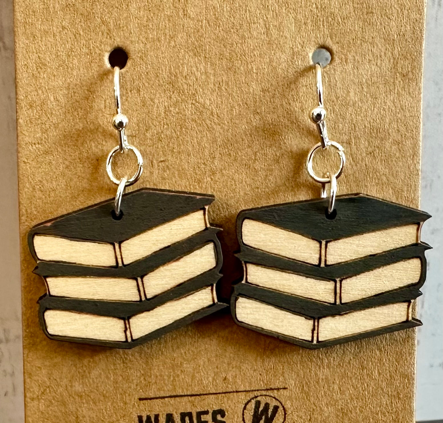 Wooden Engraved Dangle Earrings - Book Stack (One Pair)