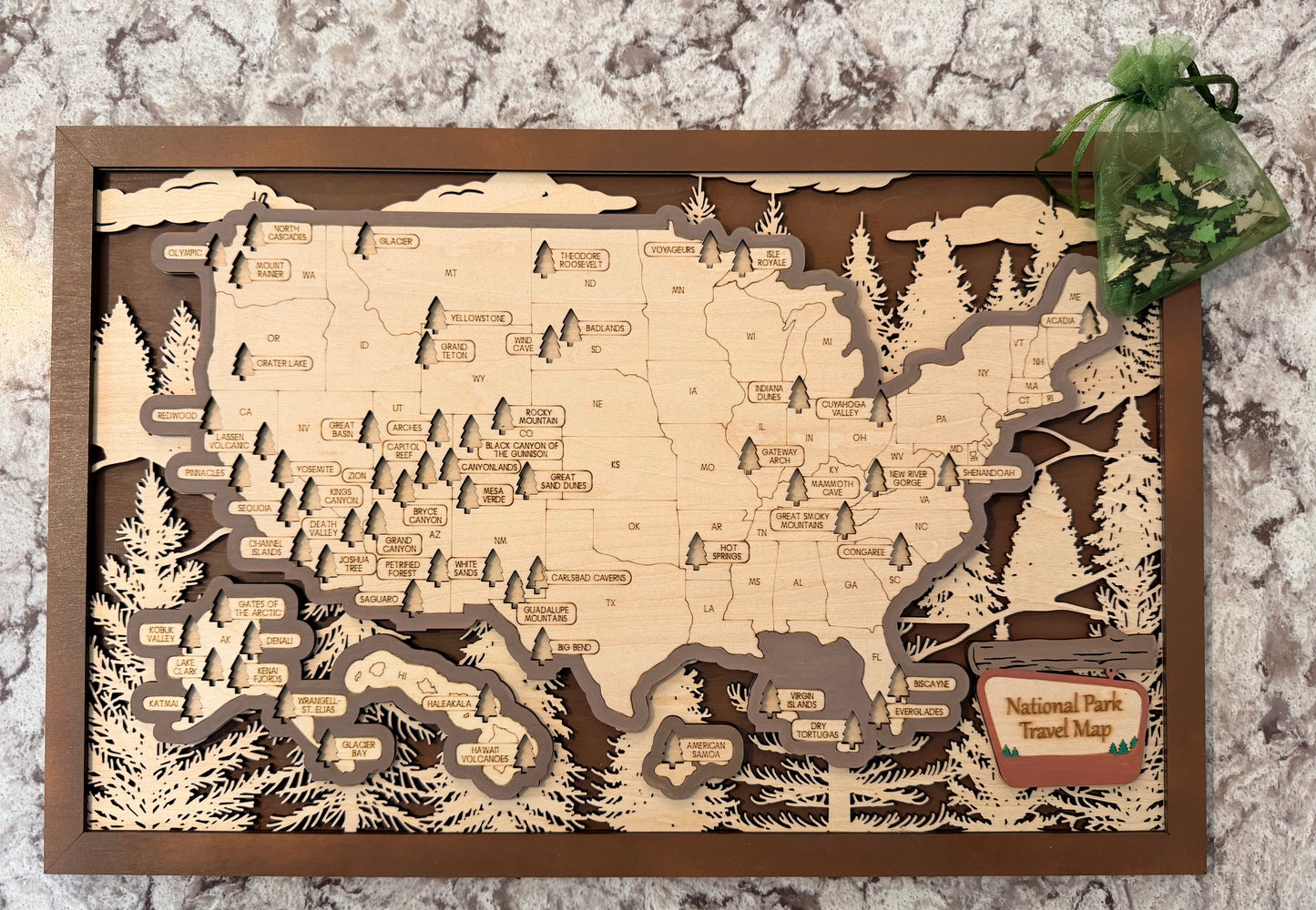 3D National Park Map Visit Tracker - Brown Tree Lines