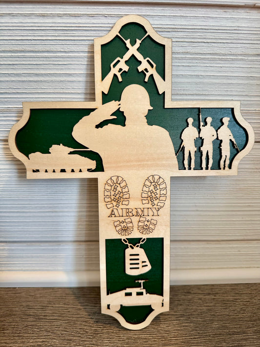 3D Layered and Engraved Wood Cross - Army