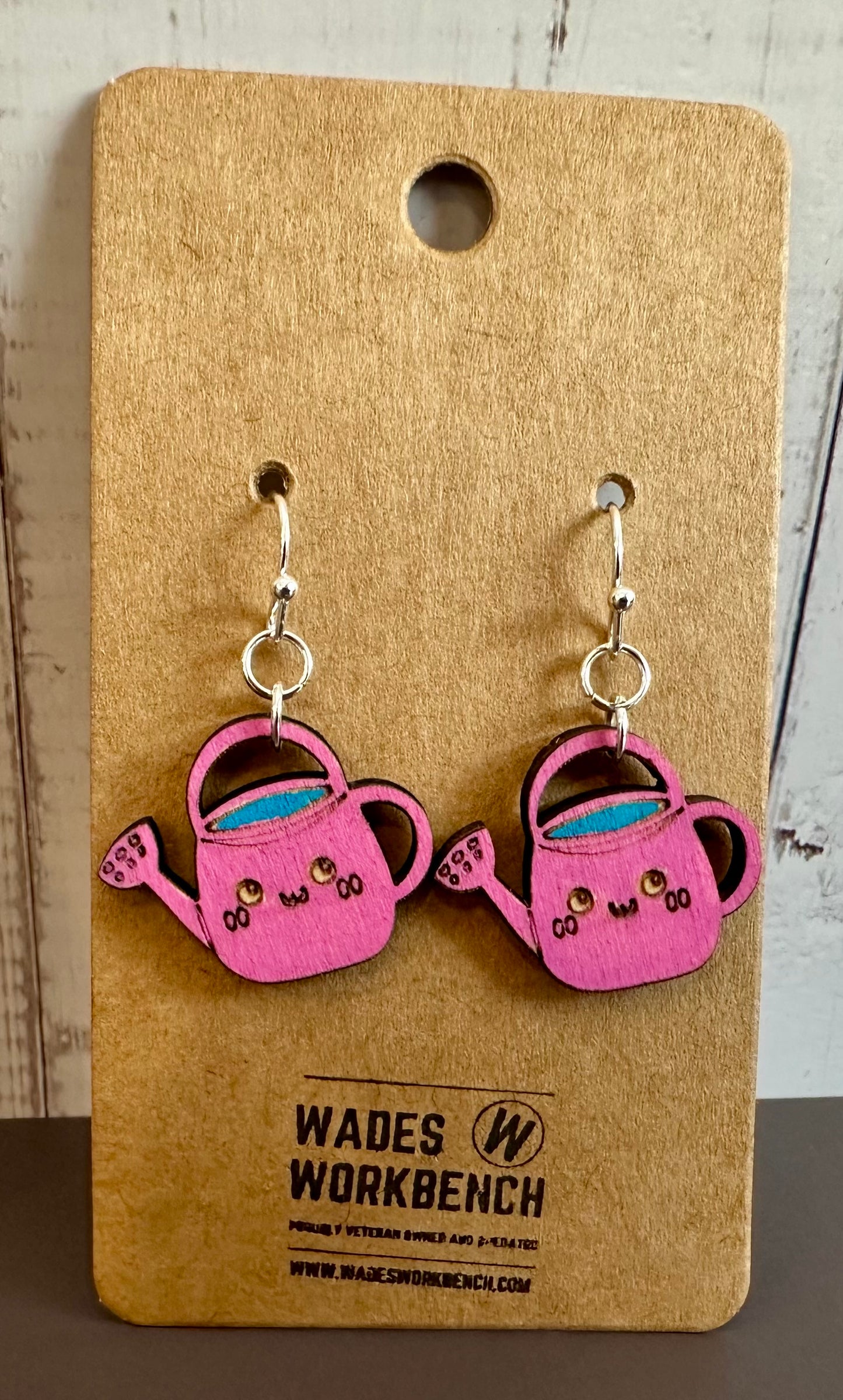 Wooden Engraved Dangle Earrings - Watering Can (One Pair)