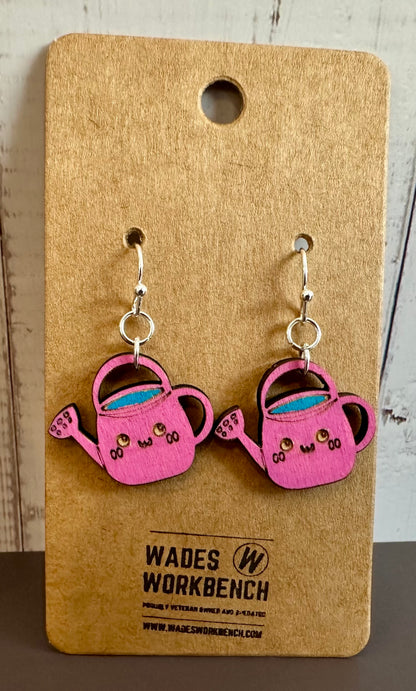 Wooden Engraved Dangle Earrings - Watering Can (One Pair)