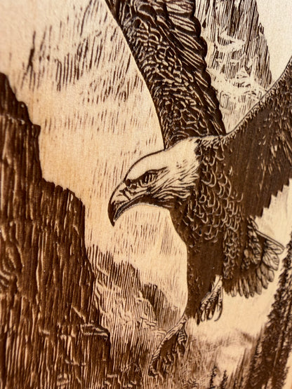 Plaque Live Edge Rectangular - Eagle Above Cabin and Canoe