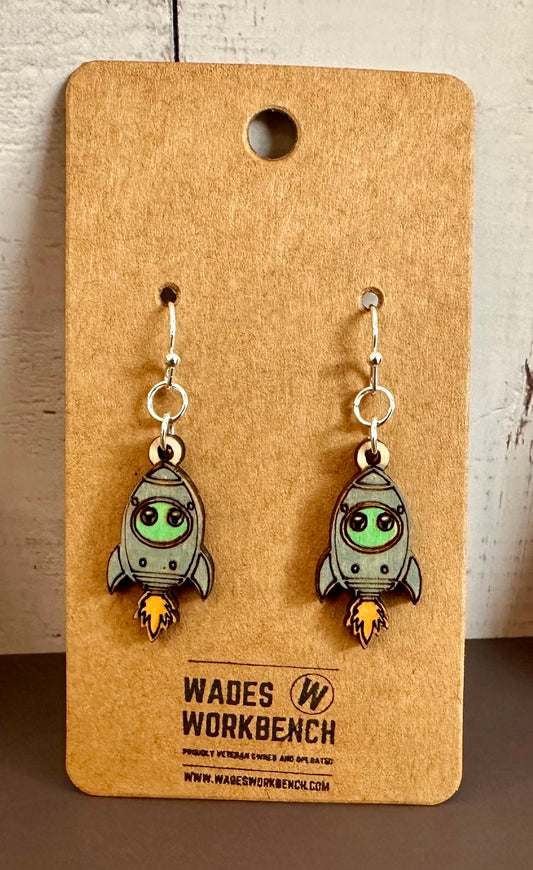 Wooden Engraved Dangle Earrings - Rocketship