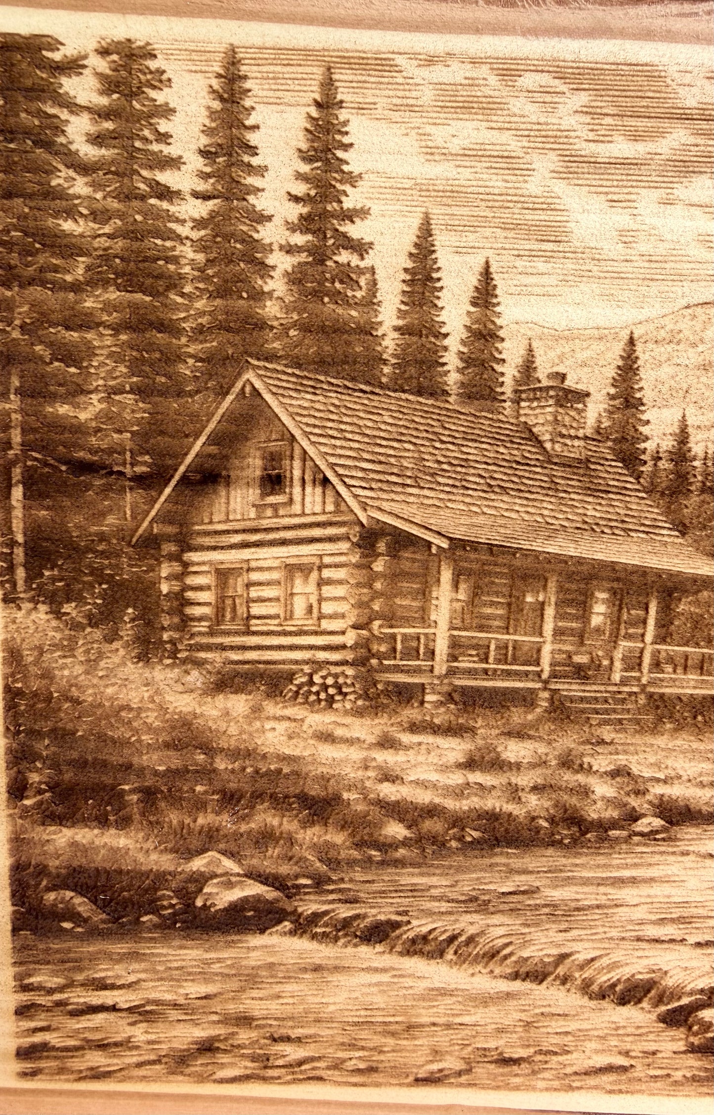 Plaque Live Edge Rectangular - Bear Near Log Cabin