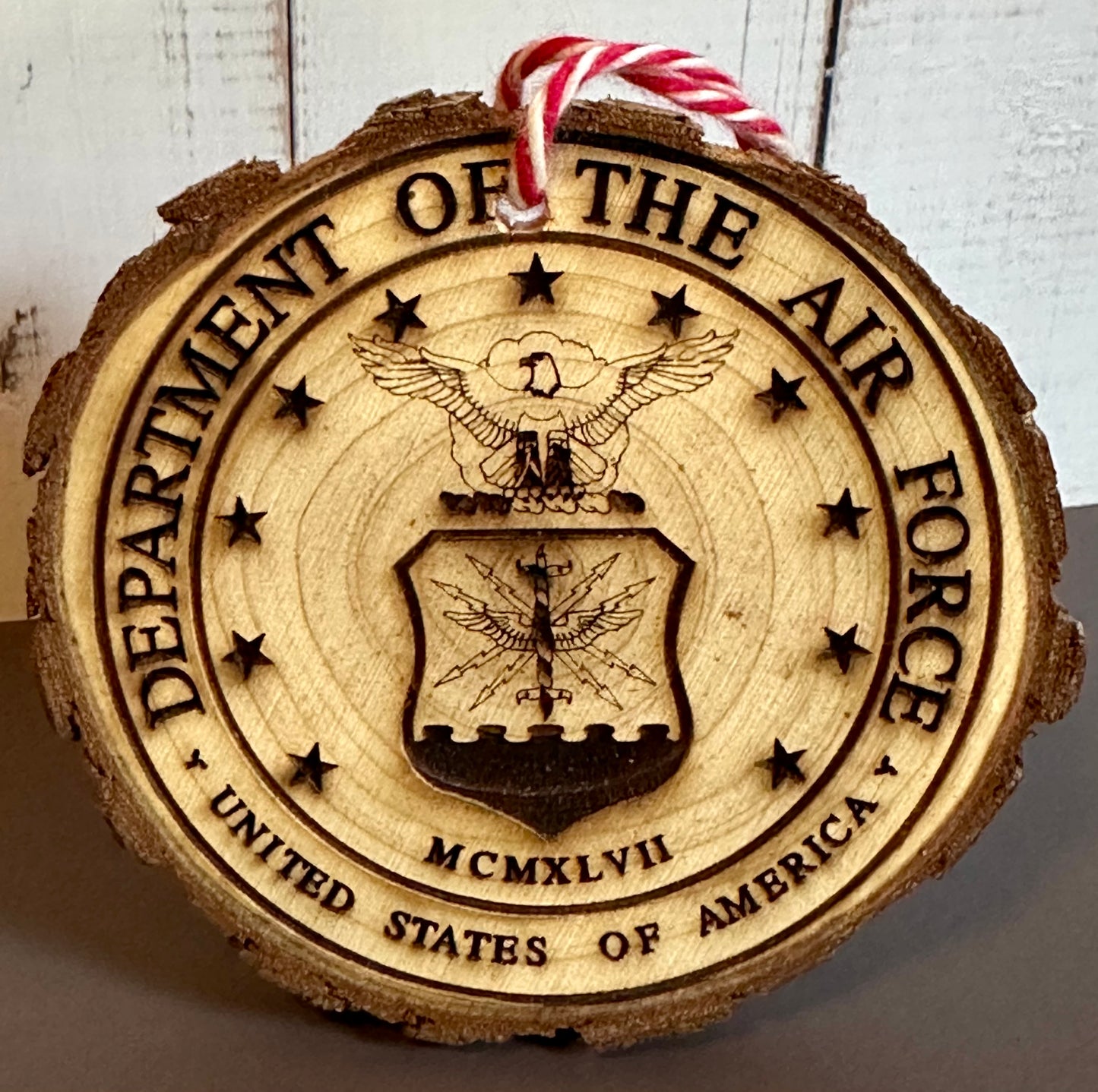 Engraved Live Edge Wooden Round Ornament - Air Force Seal