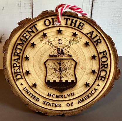 Engraved Live Edge Wooden Round Ornament - Air Force Seal