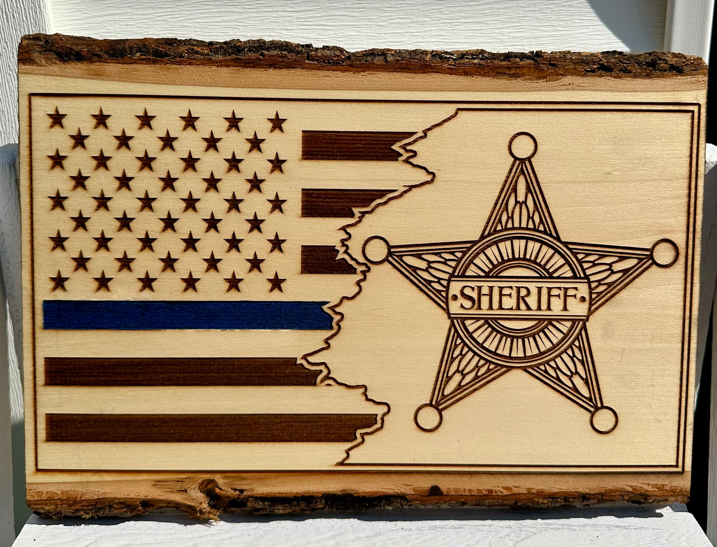 Sheriff with Flag Live Edge Rectangular Plaque