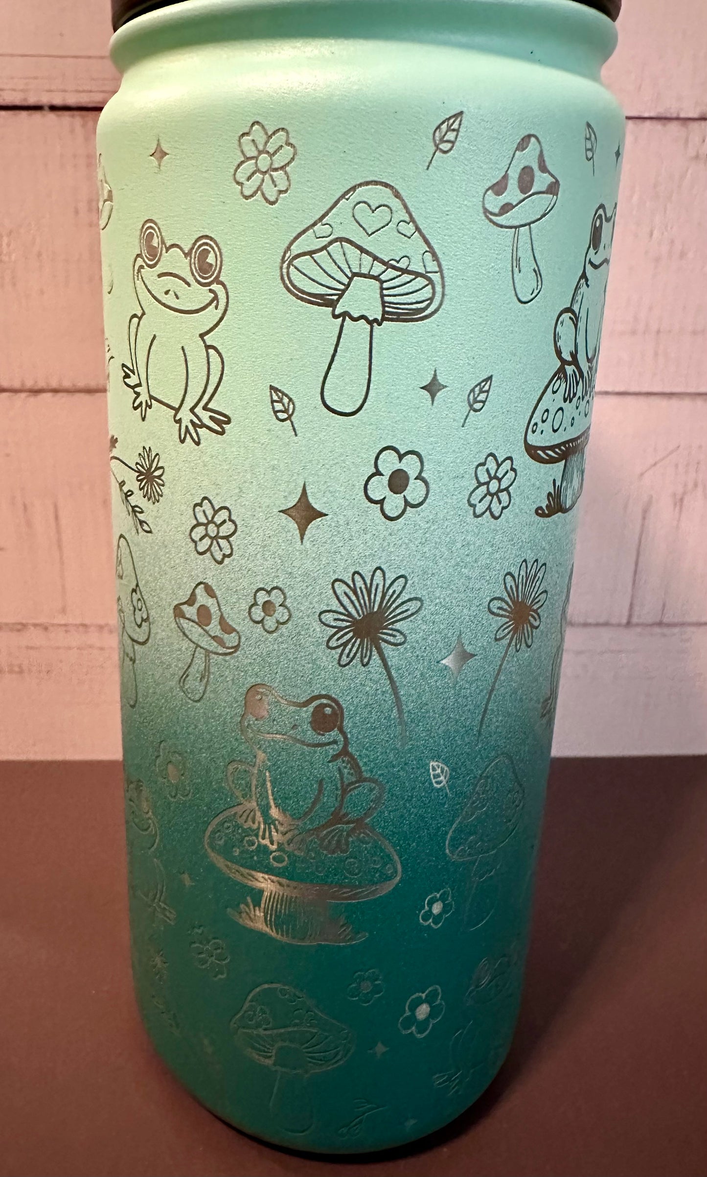 16oz. Insulated Water Bottle with Straw Lid - Varigated Teal Ombré, Frogs and Toadstools