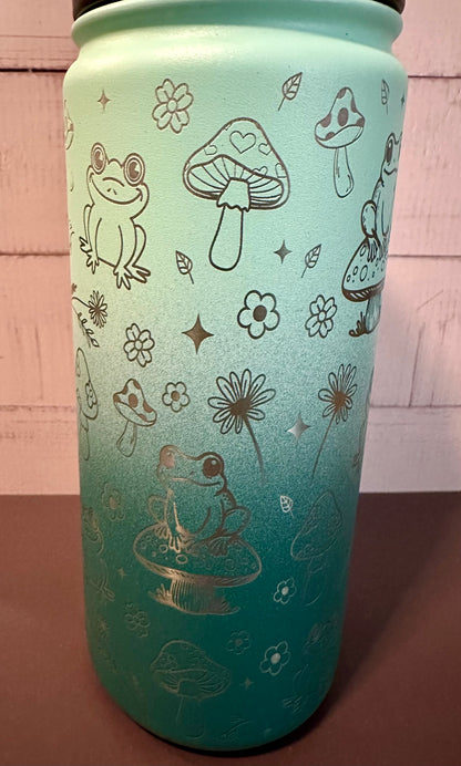 16oz. Insulated Water Bottle with Straw Lid - Varigated Teal Ombré, Frogs and Toadstools